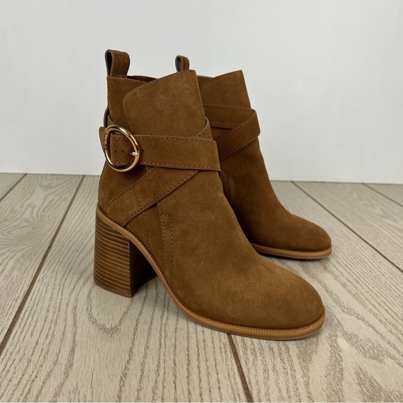 See by Chloé Suede Buckle Ankle Booties 36 Tobacco (Tan) & Goldtone Metal $525 - Picture 1 of 10